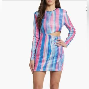Something New Ruth Sequin Stripe Long Sleeve Dress Pink Blue Mini NEW Size L